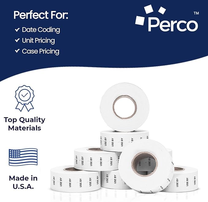 Perco 1 Line USE BY Labels - 80,000 "USE BY Labels for Perco 1 Line Date Guns - 80 Rolls, 10 Sleeves - Made in USA