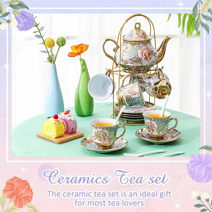 Zhehao 20 Pcs Porcelain Tea Set with Metal Holder and Spoon Adult Ceramic Tea Set European Flower Painting Teapot Cup Saucer Spoon for Women Mom Gift, Large Version (Rustic Style)