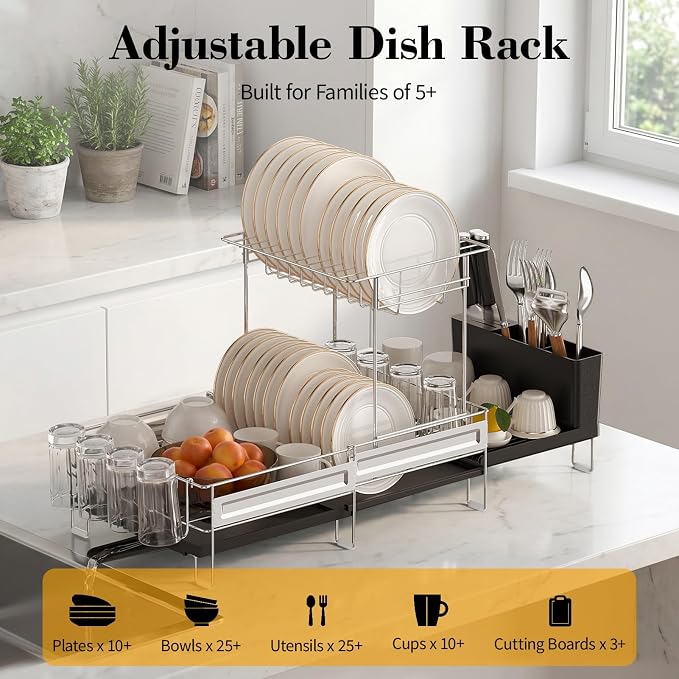Delamu 2 Tier Dish Drying Rack, Large Dish Racks for Kitchen Counter, Stainless Steel Multifunctional Dish Drainer with Cutlery & Cup Holders, Extendable from 13.4 to 28.7 in, Black