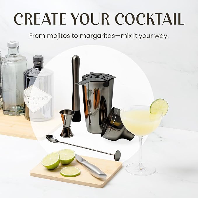 Mixology & Craft Cocktail Shaker Set with Bamboo Stand - Professional 10-Piece Bartender Kit, Complete Bar Set for Home Use with Jigger, Muddler, Strainer, Spoon, Pourers & Corkscrew (Gunmetal)