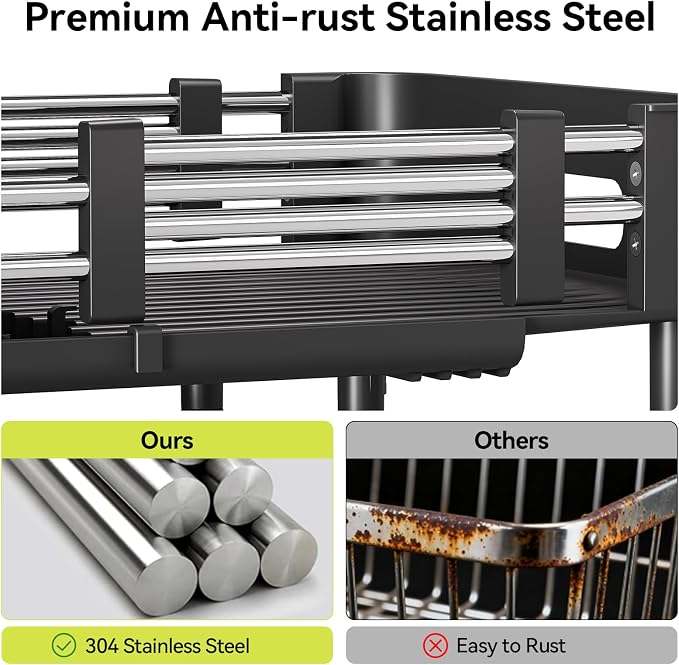 Urackify Stainless Steel Dish Drying Rack - Dish Drainer for Kitchen Counter, Extendable Drainboard with Foldable, Space-Saving Cup & Bowl Organizer, Includes Knife and Utensil Holder, Black