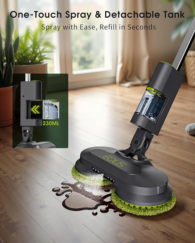 Cordless Electric Mop, Lightweight Electric Floor Mop with Detachable Water Tank, Water Sprayer & LED Headlights, Self-Propelled Floor Cleaner for Hardwood Tile Laminate Floor, Long-Lasting Battery