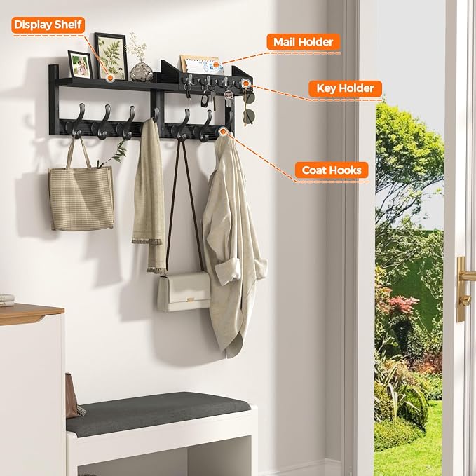 Evermagin 29" Coat Rack Wall Mount with Shelf, 4 in 1 Coat and Key Hanger with 11 Metal Hooks, Entryway Wall Mounted Shelf with Mail Holder for Living Room, Bedroom, Black