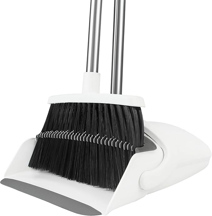 BSKLIN Broom and Dustpan Set for Home, 52" Long Handle Standing Broom Set with Dustpan Self-Cleaning Teeth for Hair Removal Heavy Duty Indoor Outdoor Sweeping Kit for Kitchen Garage (White)