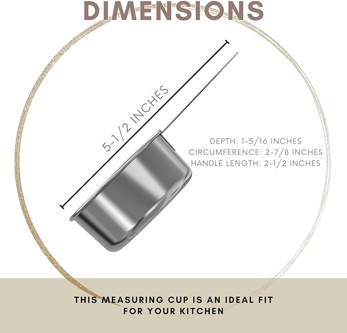1/2 Cup Stainless Steel Measuring Cup | Sturdy Metal 125 ml | 125 cc | 4 oz | Single Cup for Wet and Dry Ingredients | Great for use as 1/2 Cup Dog Food Scoop - 4 PK