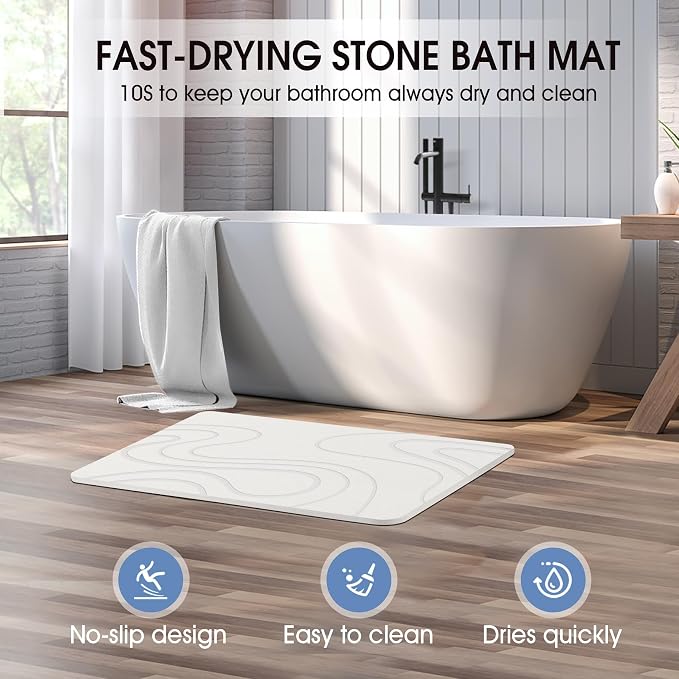 Veeloim Stone Bath Mat Diatomaceous Earth Shower Mat Non-Slip Super Absorbent Diatomite Stone Mats for Bathroom Floor/Kitchen Counter Quick Drying Natural Easy to Clean(23.6''×15.4" White)