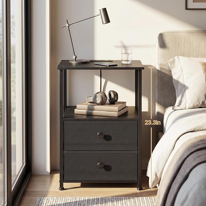 Night Stand, Nightstands Set of 2 with Charging Station | Bedside Table with 2 Fabric Drawers for Bedroom, End Tables with Storage Shelf for Small Spaces, Black