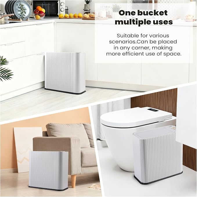 XLHOMO 9-Piece Light Gray Bathroom Accessories Set - Modern Vertical Stripe Decor with Slim Wastebasket, Soap Dispenser & Toothbrush Set - Neutral Bath Organization Kit