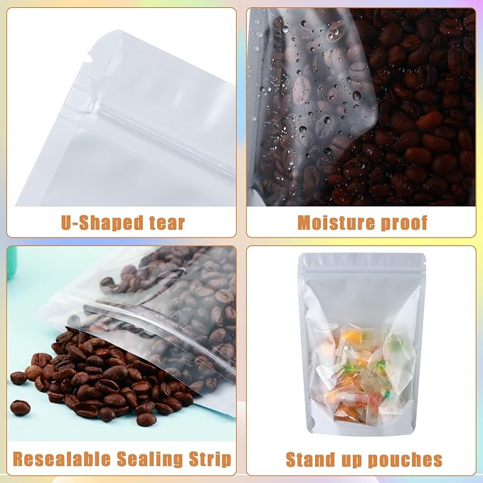200 Mylar Bags for Food Storage 6X9 Mylar Bags with Window Candy Packaging Resealable Bags White Stand Up Pouches Edible Packaging for Small Business