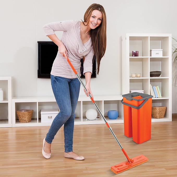 Macromax Flat Mop and Bucket Set – 100% Microfiber Mop with Dual Wet & Dry Use – Slim Design for Corners & Under Furniture – Easy-Squeeze Bucket for Hardwood, Tile & Laminate Floors