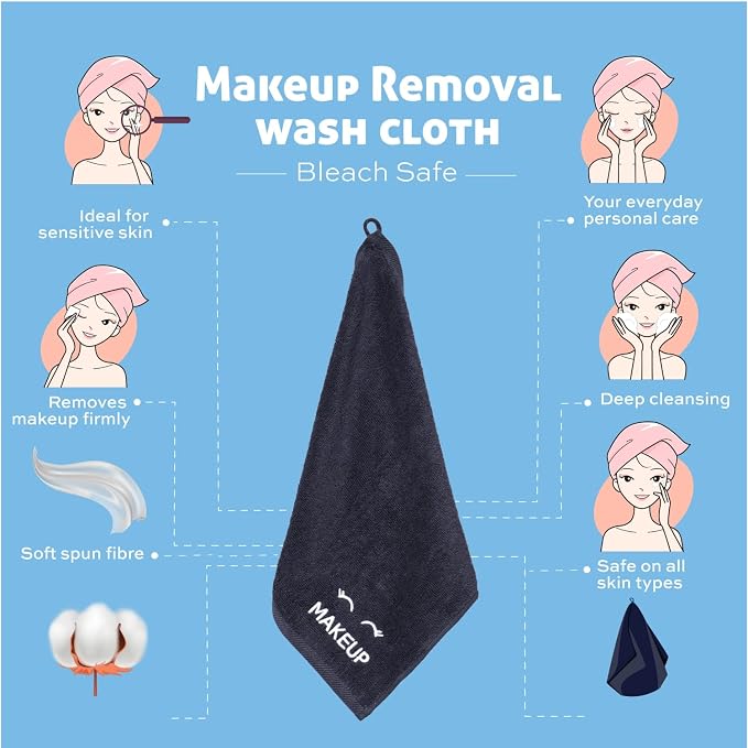 White Classic Bleach Safe Black Makeup Washcloths for Face Cleansing, 12 Pack - Super Soft Luxury Cotton Black Makeup Towels, Highly Absorbent and Quick Dry, All Makeup Remover Cloth | 13 x 13