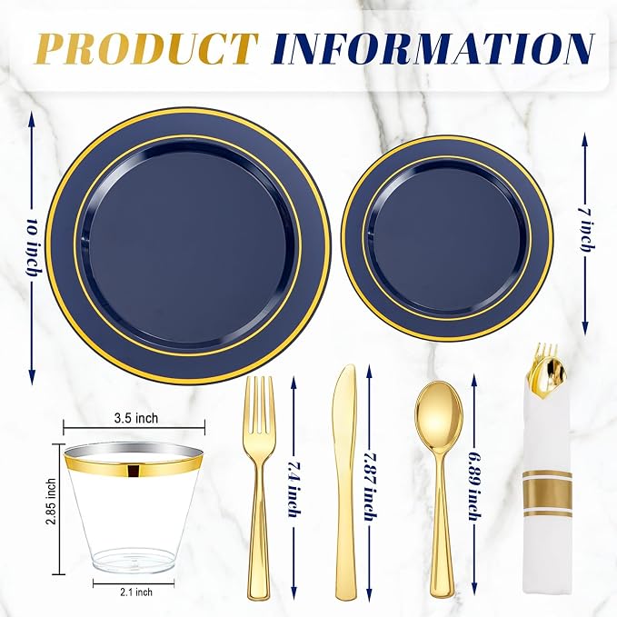 WDF Partyware 350PCS Navy Blue and Gold Plastic Plates with Rolled Napkins Include Dinner Plate 10’’, Dessert Plate 7’’, gold Cups 9 OZ, Pre Rolled Napkins for Birthday/Wedding/Party