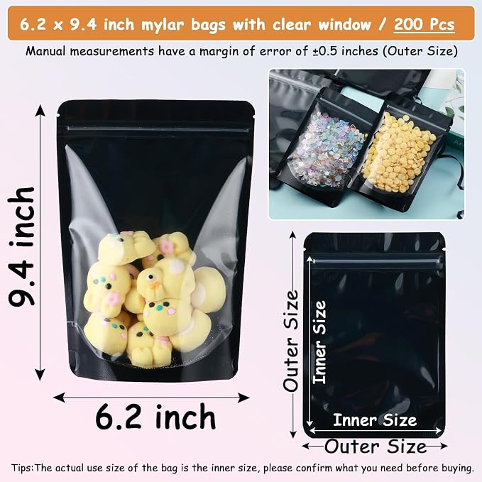 200 Mylar Bags for Food Storage 6X9 Mylar Bags with Window Large Candy Packaging Resealable Bags Black Stand Up Pouches Edible Packaging for Small Business