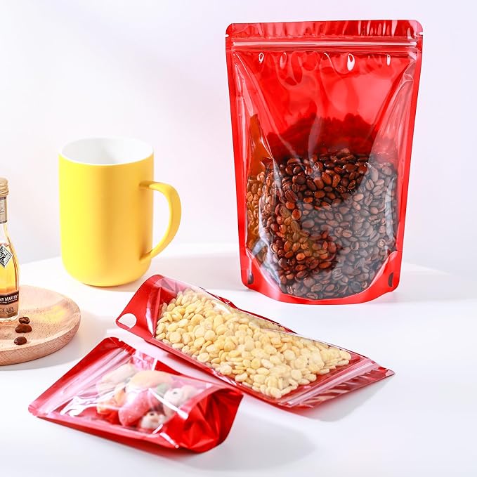 150 Pcs Mylar Bags for Food Storage, 5x8 Mylar Bag with Window Stand Up, Small Holographic Resealable Bags Smell Proof Bag Food Packaging for Small Business Freeze Dried Candy Jewelry Foil Packaging