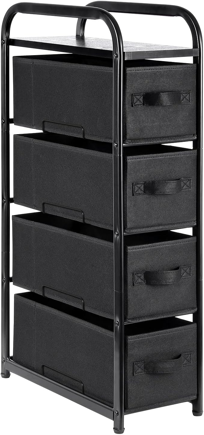 MAX Houser 4 Drawer Narrow Dresser Fabric Storage Tower Vertical Slim Storage Chest Organizer Nightstand Side/End Table Small Standing Organizer Removable Drawers Wood Top for Bedroom, Bathroom（Black