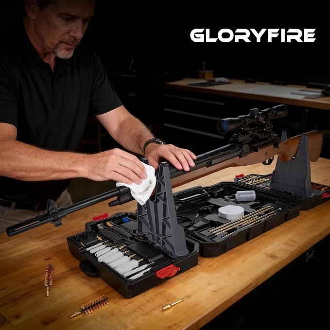 GLORYFIRE Elite Gun Cleaning Kit Universal Gun Cleaner for Shotgun, Pistol with Plastic Gun Holder, Reinforced and Lengthened Rods and Steel Wire, Gifts for Men, Dad, Husband