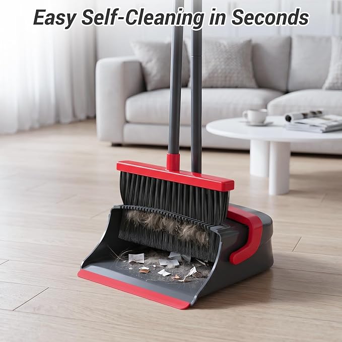 Broom with Dustpan Combo Set, Long Handle Upright Standing Self-Cleaning Broom and Dustpan Set for Pet Hair & Dust Cleanup, Indoor Outdoor Use for Home, Kitchen, Office, Red & Gray
