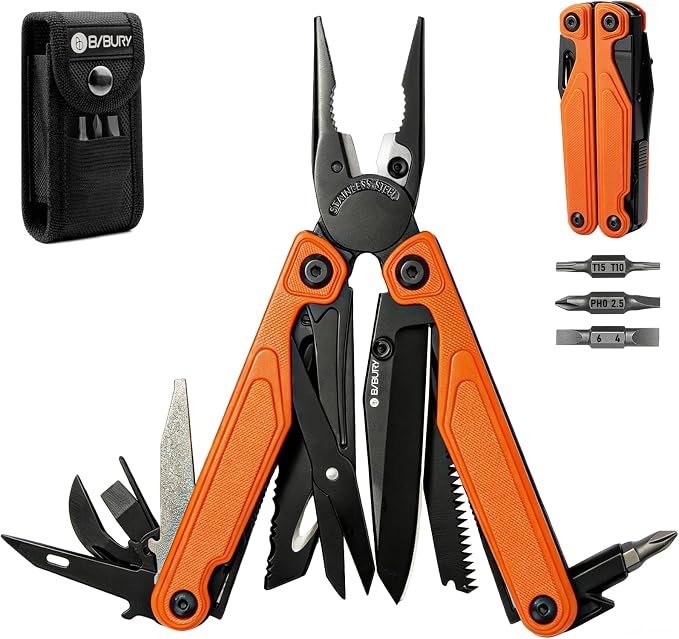 BIBURY Lightweight G10 Handle Multitool Pliers, 25-in-1 EDC Multi Tool with Replaceable Wire Cutters, Scissors, One-Hand Opening Pocket Knife Survival Tools for Camping, Repair,Survival -BI2048O