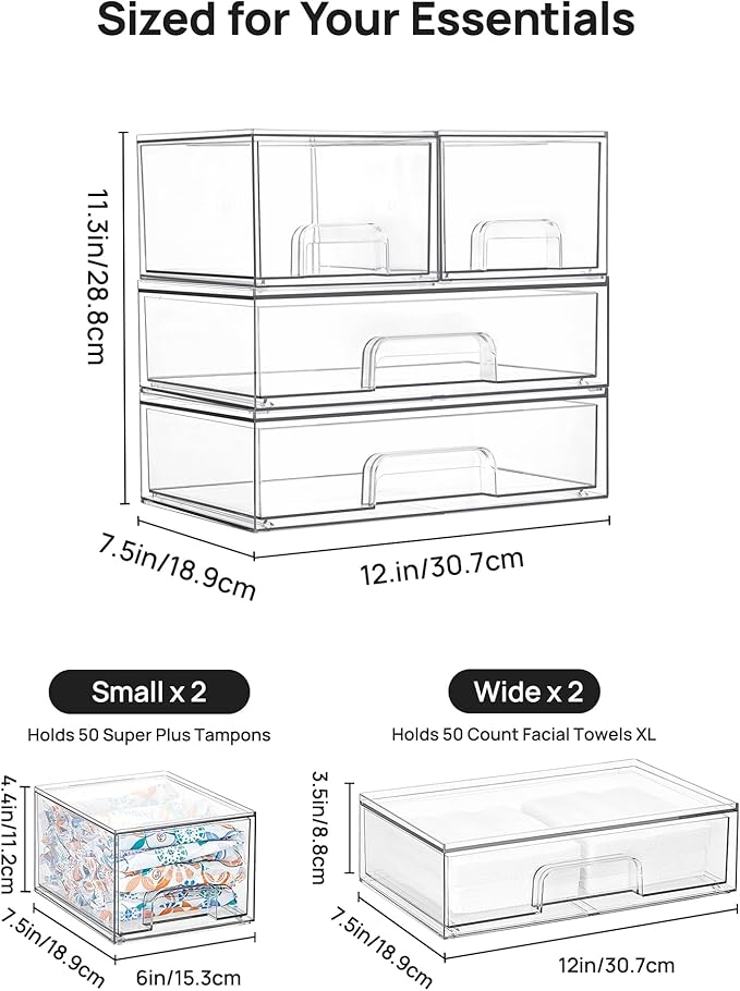 Vtopmart Stackable Storage Drawers Set of 4, Clear Plastic Organizer Bins for Bathroom Supplies,Ideal for Cabinet,Pantry,Laundry Room Organization