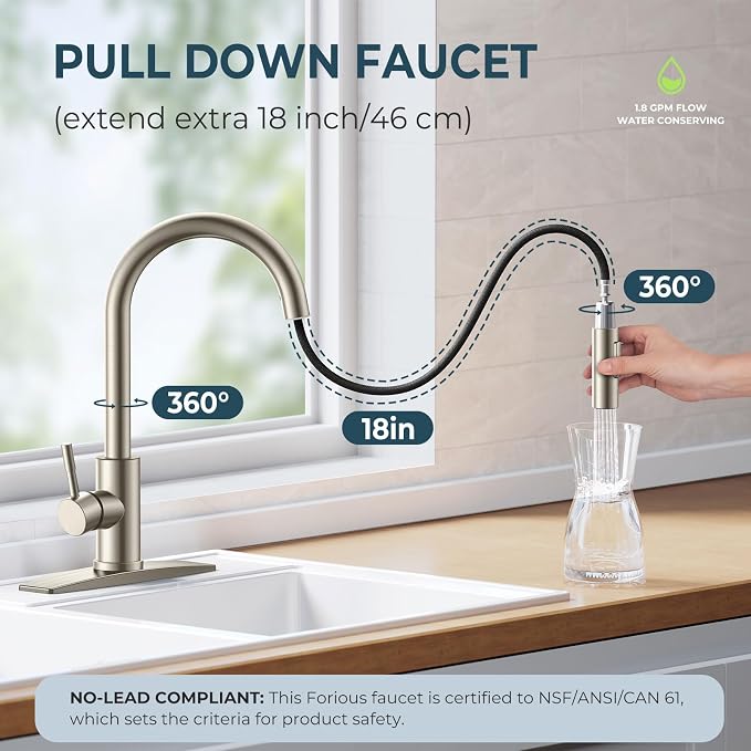 FORIOUS Brushed Nickel Kitchen Faucet with Soap Dispenser, High Arc Modern Sink Faucet with Pull Down Sprayer and Deck Plate, Stainless Steel Fit for 1 or 3 Hole for Pot Filler Bar Rv