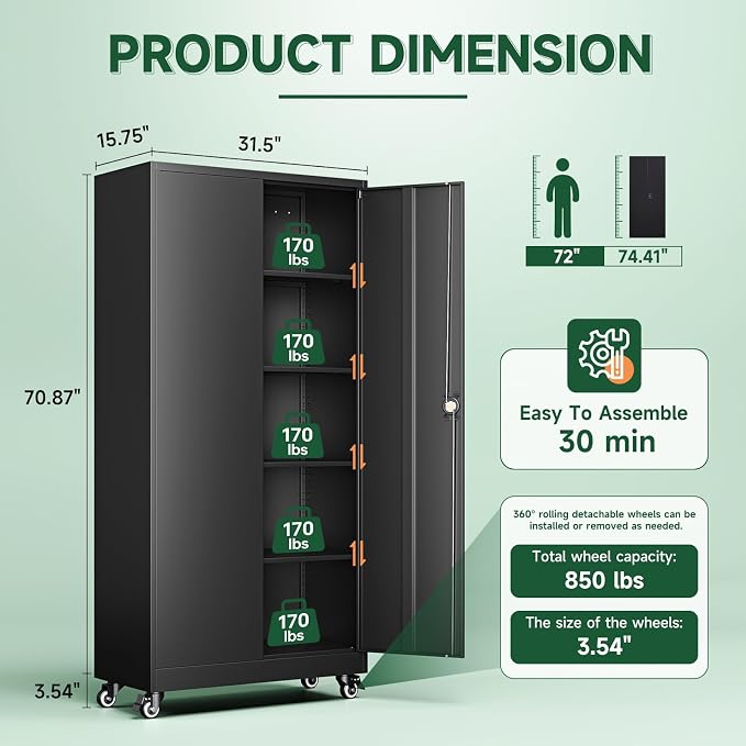 Metal Garage Storage Cabinets with Wheels,Steel Tool Cabinets Lock Door and Adjustable Shelves for Home,Office,Warehouse Organisieren (Black, 75" H)