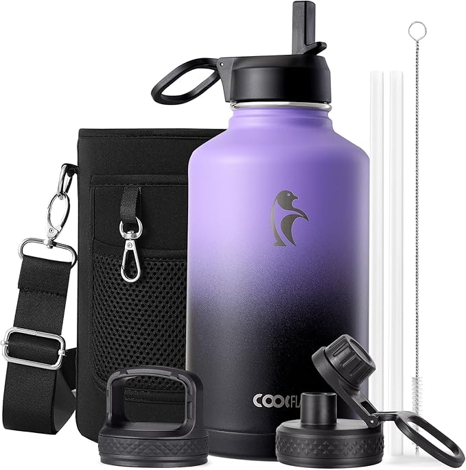 Coolflask Half Gallon Water Bottle Insulated with Straw & 3 Lids, 64 oz Water Jug Large Metal Stainless Steel Wide Mouth for Sports, Gym or Office, Non-BPA Keep Cold 48H Hot 24H, Purple Black