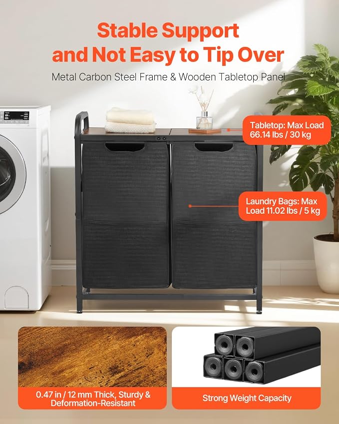 VEVOR 2 Section Laundry Sorter, Large Laundry Hamper with Metal Frame and Wooden Tabletop, Freestanding Storage Organizer Baskets with Pull-Out 600D Oxford Cloth Bags for Dirty Clothes, Bathroom