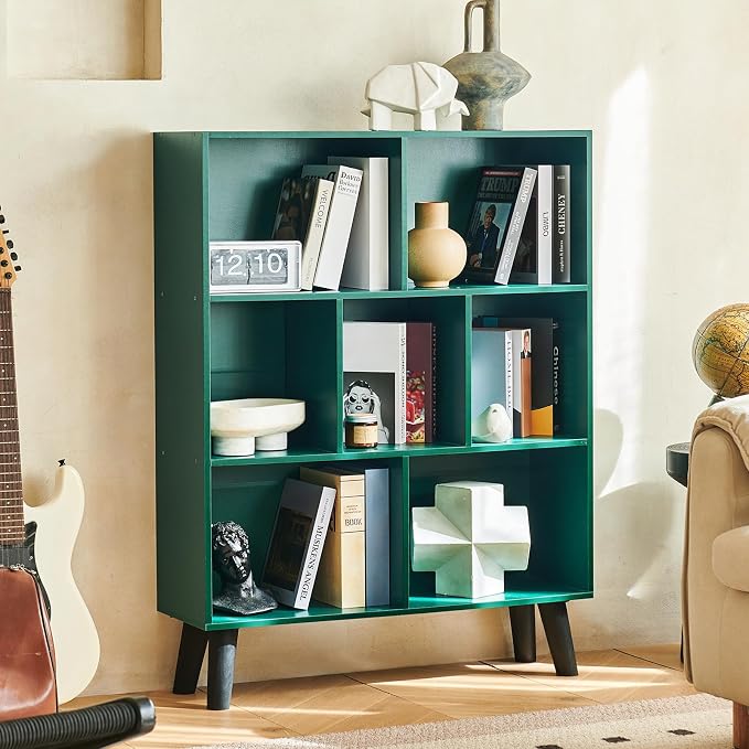 LEYAOYAO Cube Bookshelf, Mid-Century Modern Book Shelf with Legs,Dark Green | 3 Tier Bookcase, Rustic Wood Bookshelves Freestanding Small Storage Organizer, Open Shelves for Bedroom, Living Room, Office