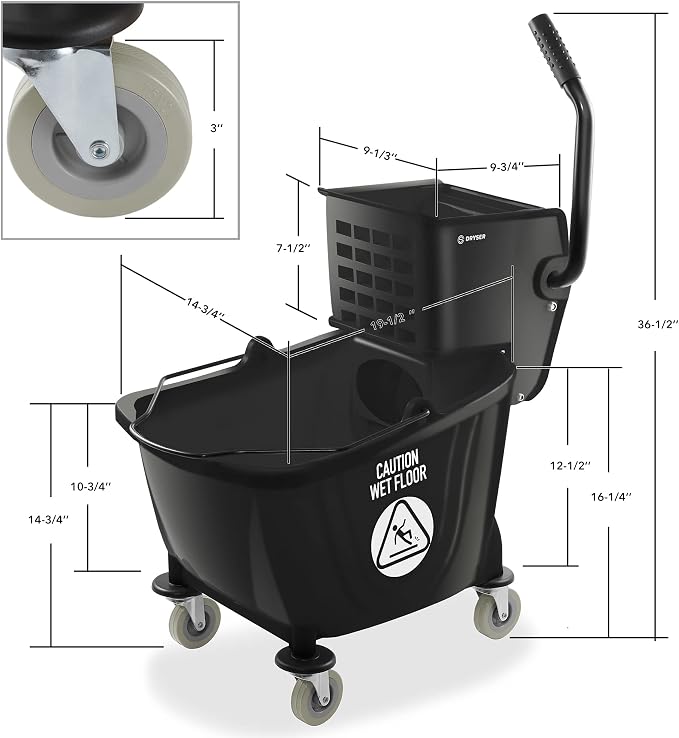 Dryser Commercial Side Press Wringer Combo Mop Bucket, 33 Quart, Black