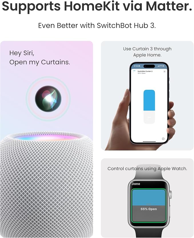 SwitchBot 2025 Automatic Curtain Opener 3 Rod-Bluetooth Remote Control, WiFi&APP Control, Upgraded High-Performance, Add Hub to Work with Alexa, Google Home, HomeKit via Matter