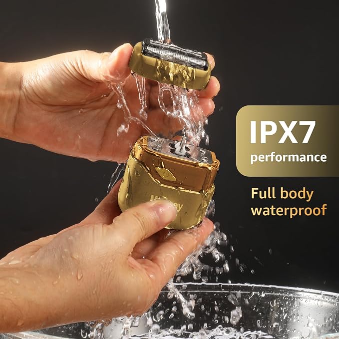 Mbzoey Electric Foil Shavers for Men: IPX7 Waterproof - Light Gold | Mini Razor for Travel- Face Shaver with LED Display & USB-C Fast Charge - Micro-Comb Technology & Precision Blades