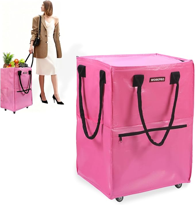 WORKPRO Medium Rolling Grocery Bag, 18-Gallon Rolling Tote with 4 Wheels | Reusable Grocery Bag on Wheels, Holds Up to 75 lbs, Heavy Duty Rolling Tote for Groceries, Laundry, Moving & Storage