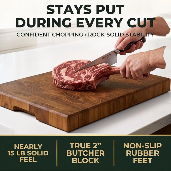 SHUMARU XL End Grain Old East Java Teak Cutting Board 20.5 x 14.2 x 2", Premium Thick Butcher Block, Knife-Friendly Chopping Block, No Juice Groove, Non-Slip Feet, Side Handles