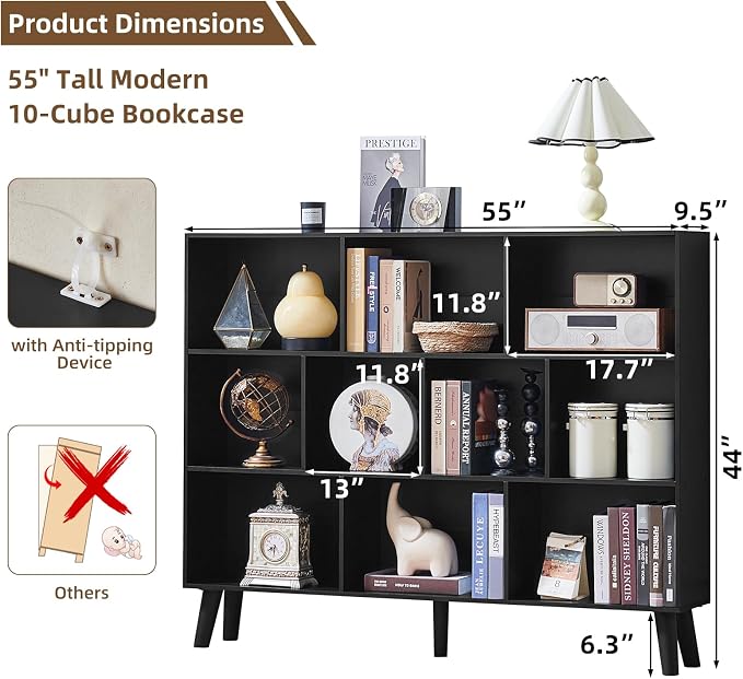 LEYAOYAO 10 Cube Bookshelf, Mid-Century Modern Book Shelf with Legs, Black | 3 Tier Bookcase, 55" Wide Rustic Wood Bookshelves Large Storage Organizer, Open Shelves for Bedroom, Living Room, Office