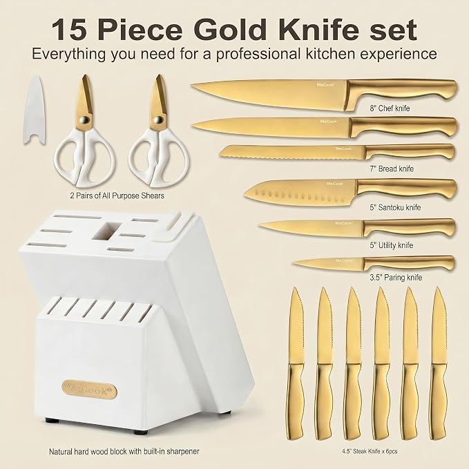 McCook Knife Set Gold Kitchen Knife Block Set w Built-in Sharpener | German Forged Stainless Steel,15 PC,Razor Sharp,Anti-Rust, Ergonomic Handles,Full Tang,Elegant Gold, Gift Box