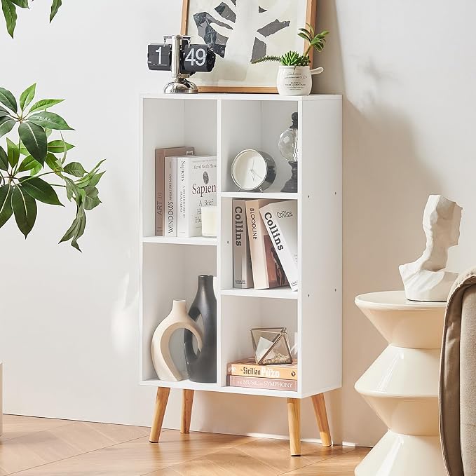 LEYAOYAO 5 Cube Bookshelf, Mid-Century Modern Book Shelf with Legs, White | 3 Tier Bookcase, Rustic Wood Bookshelves Freestanding Small Storage Organizer, Open Shelves for Bedroom, Living Room, Office