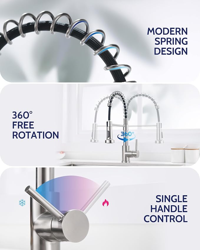 LUFEIDRA Stainless Steel Kitchen Faucet with Sprayer-High Arc Dual Function Brushed Nickel Sink Faucet, Commercial Single Handle One Hole Spring Faucet for RV Farmhouse Camper Laundry Pot Filler