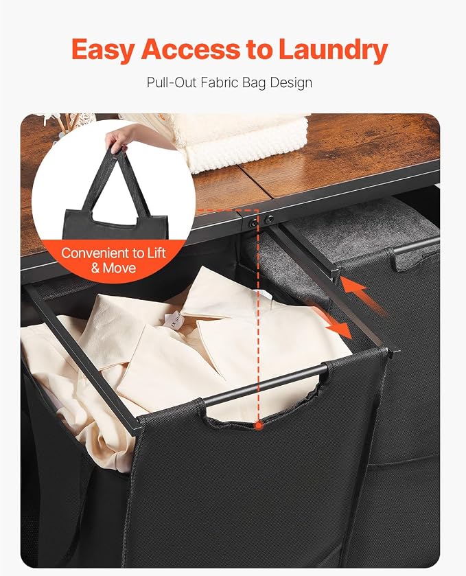 VEVOR 3 Tiers Laundry Sorter with Rack, Tall Laundry Hamper with Shelves and Drawers, 2 Section Freestanding Hanging Rack Storage with 600D Oxford Cloth Bags and Ladder Shelves for Dirty Clothes