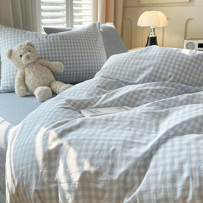 mixinni Light Blue Gingham Duvet Cover Set Twin Size - 100% Washed Cotton 3 Piece Plaid Checkered Bedding Set, Soft Comfy Grid Farmhouse Comforter Cover with Zipper Closure & Corner Ties
