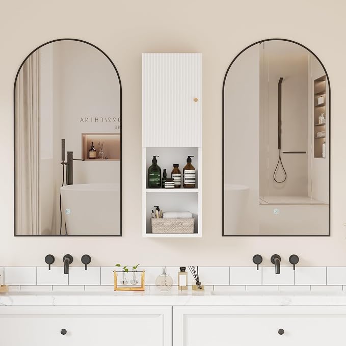 Qupui Fluted Bathroom Wall Cabinet, 31.5" Tall 4-Tier Narrow Medicine Cabinet Organizer with Adjustable Shelf & Doors, Wall Mounted Storage Cabinet for Bathroom, Laundry Room, Small Kitchen (White)