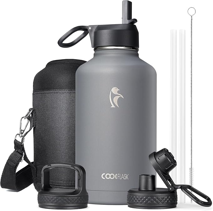 64 oz Insulated Water Bottle with Straw & 3 Lids, Coolflask Half Gallon Water Jug Large Metal Stainless Steel Wide Mouth for Sports, Gym or Office, Non-BPA Keep Cold 48H Hot 24H, Knight Grey