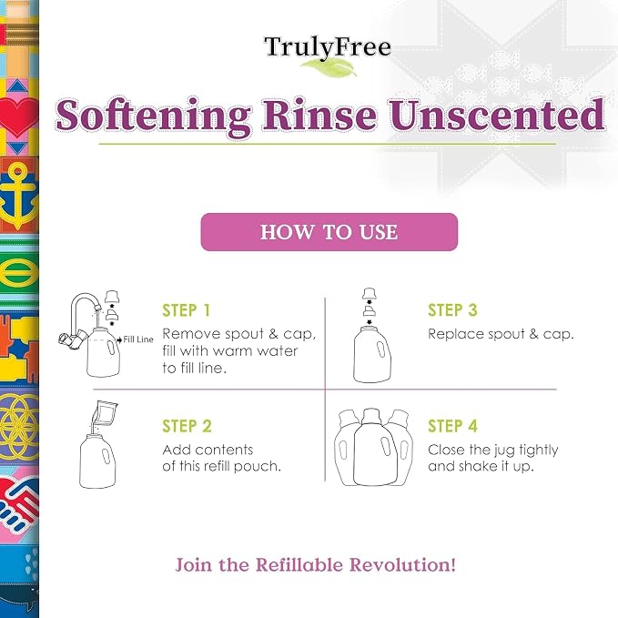 Truly Free Natural Fabric Softener | Non-Toxic for Babies & Kids Sensitive Skin | Plant-Based Laundry Softening Conditioner | Safe, Gentle & Chemical-Free | Unscented | 4 Pack Refill
