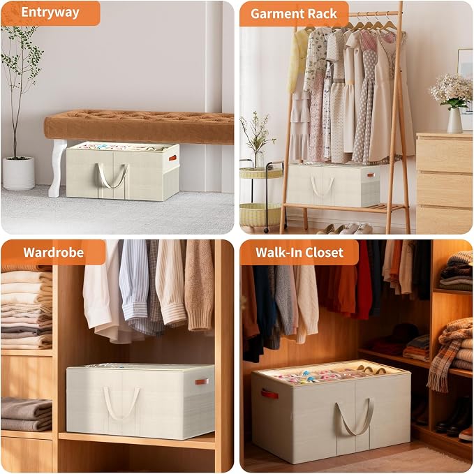 Aokeyee 2 Pack Shoe Organizer for Closet, Large Shoe Storage Box, Beige | Fits up to 48 Pairs, Stackable, Space Saving, Foldable, Shoes Organizer Bin with Clear Cover, 4 Reinforced Handles