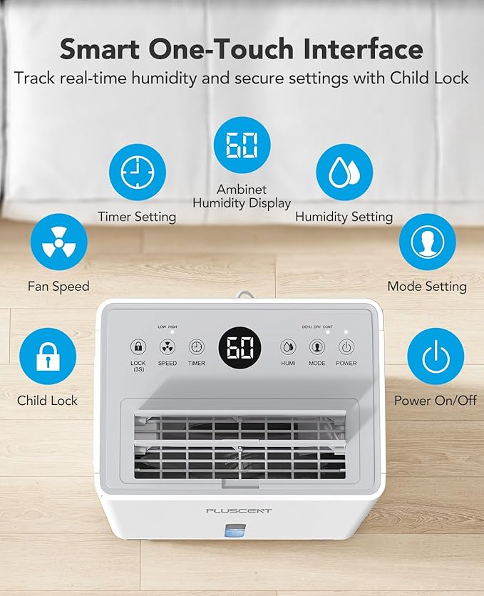 PLUSCENT 21 Pint Dehumidifier for Basement and Home, 1500 Sq Ft Portable Dehumidifier with Drain Hose, Quiet Smart Humidity Control for RV, Bedroom & Bathroom, Auto Defrost, 24H Timer