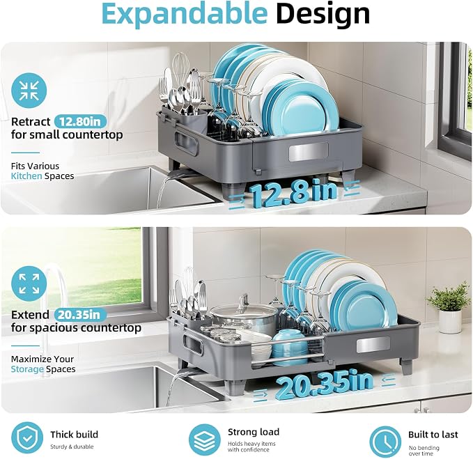 TOOLF Extendable Dish Drying Rack for Small Kitchen Counter, Gray | 12.8-20.35 in, Unique Stainless Steel Design, Auto-Drainage, Perfect for Small Kitchens & Busy Kitchens