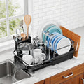 Expandable Stainless Steel Single Tier Dish Drying Rack, Auto Drain Dish Drainer for Kitchen Counter with Rotatable Multi-Slot, Drainboard, Utensil & Cutting Board Holder, 15"-22.4" Adjustable Length