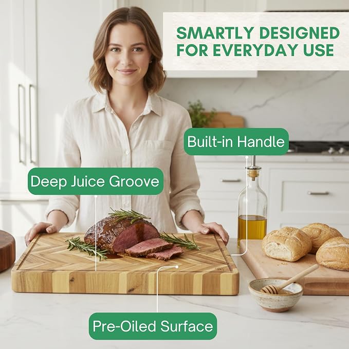 Herringbone Acacia Wood Cutting Boards for Kitchen, 1.5 in Thick Butcher Block Construction for Stability, 17 x 13 in Large Cutting Boards with Gift Box, Juice Groove and Handle