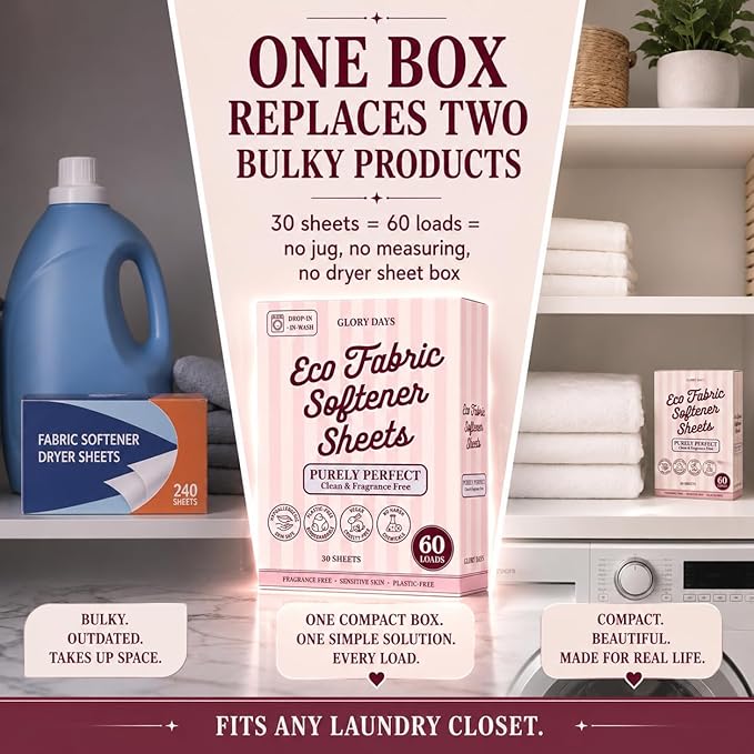 Glory Days Fabric Softener Sheets for Washer — Replaces Liquid Softener, Hypoallergenic, Fragrance Free, Sensitive Skin Safe, Plastic-Free, 60 Loads