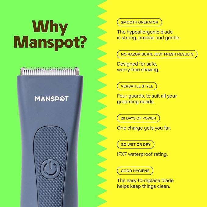 MANSPOT Electric Groin Hair Trimmer Hair Finishing Trimmers, Men's Shaving & Grooming Sets Kit with 4 Guards and Replaceable Ceramic Blade Heads,Waterproof Wet/Dry Trimmer,90 Minutes Shaving Tools | Hypoallergenic Ceramic Blade, Electric Shaver for Che...