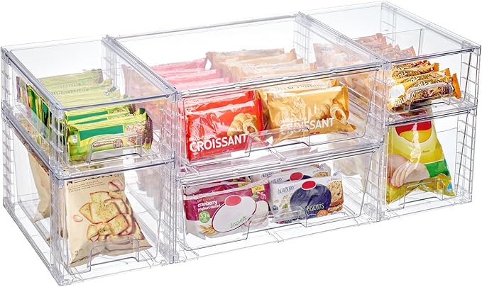 Vtopmart 6 Pack Clear Stackable Storage Drawers,Easy to Assemble Pantry Organizers and Storage with handles,Plastic Drawers for Kitchen Pantry,Cabinet,Under Sink Organization